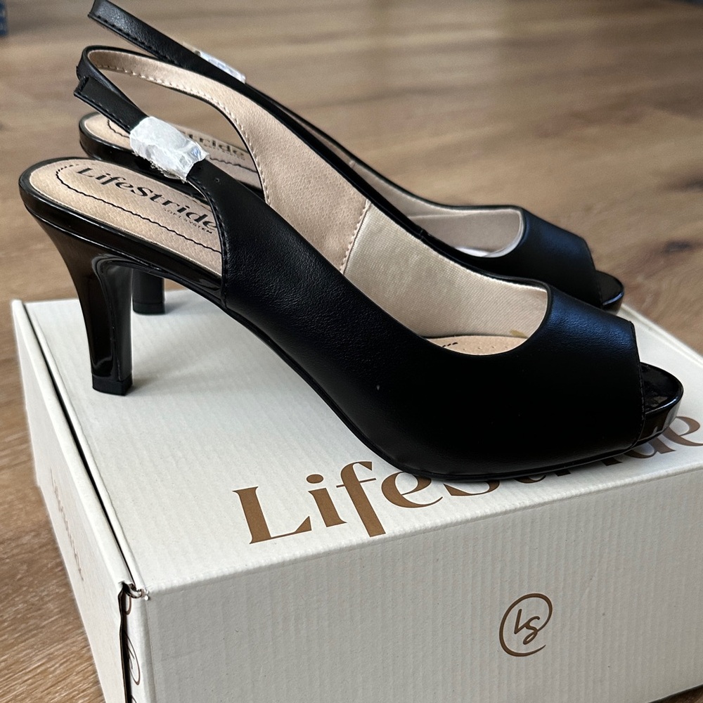 Life Stride Teller Silky Black Slingback Heels